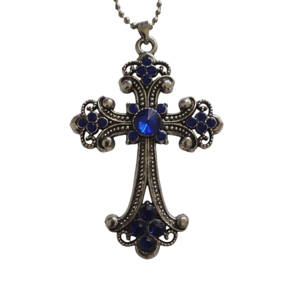 Ornate Blue Gemstone Cross Pendant Scroll Detail Ball Chain Necklace